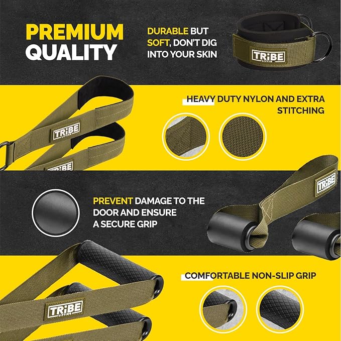 Tribe Lifting Tube Resistance Bands for Working Out Men and Women - 180lb Exercise Bands Set with Handles, Resistance Band Bar, Ankle Straps, Foot Straps, Door Anchor for Home Gym Strength Training