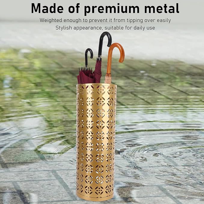 Fockety Metal Umbrella Holder, Round Proof Umbrella Storage Organizer Hollow Copper Pattern Umbrella Organizer Bin Umbrella Stand Rack for Home Entryway Hotel Office Decor