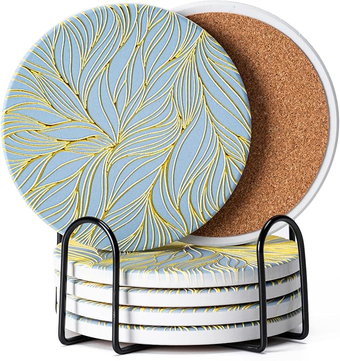 Hoewina 6Pcs Drink Coasters with Holder, Marble Style Ceramic Drink Coaster, Absorbent Coasters Set Suitable for Kinds of Cups, Modern Style Coaster for Coffee Table, 4 Inches（Gilded Relief
