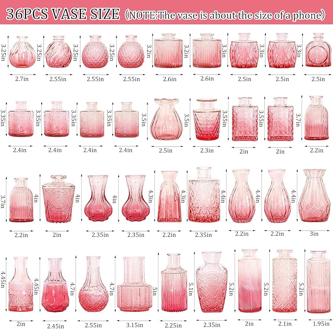 36Pcs Valentine's Day Bud Vases Set Small Vintage Glass Bottles Pink Bud Vases in Bulk Multiple Shape Cute Glass Vases for Rustic Wedding Centerpieces Table Decorations and Home Decor(Pink)