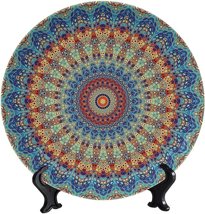Colorful Decorative Plates, 10 Inch, Blue Mandala Boho Round Display Plate, Decorative Plates with Stand, for Home Kitchen Bedroom Decorative Ornaments