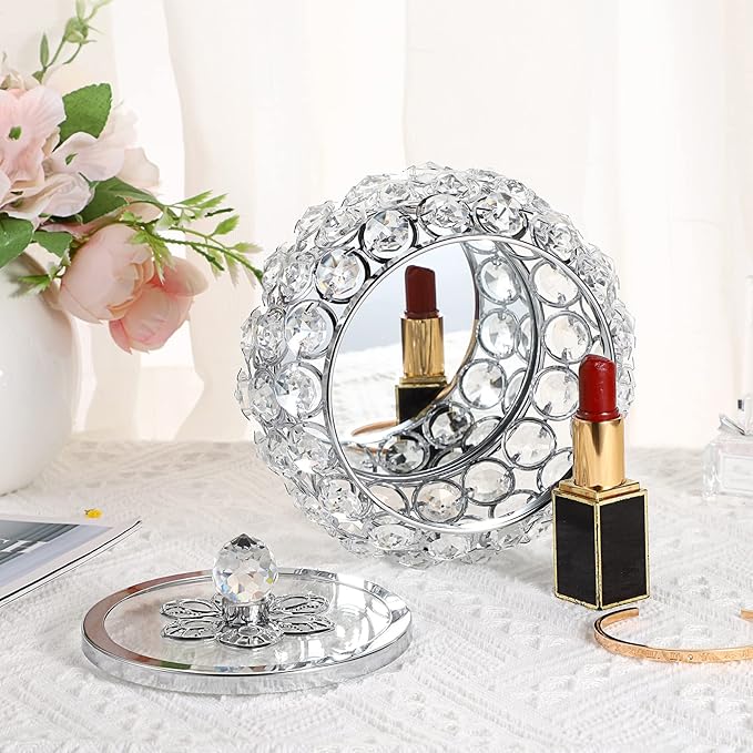 Hipiwe Crystal Jewelry Trinket Box with Glass Lid Silver Mirrored Treasure Box Decorative Jewelry Box Ring Earrings Necklace Storage Keepsake Box Gift for Women