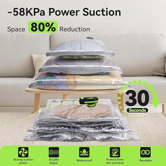 Travel Vacuum Bags with USB and TYPE C Pump Pump,9 Pack Vacuum Storage Bags,vacuum for bags storage, Powerful -58KPa Suction for Luggage,Travel and Home Use for Clothes and Blankets (Green）
