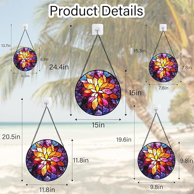 Stained Glass Window Hanging, Fuchsia Abstract Flowers Suncatcher for Window Home Decor Orange Sun Catcher Mother's Day Birthday Gifts for Women Men Mom Nana 11.8 in
