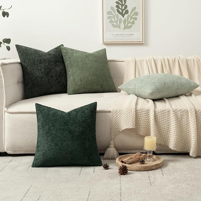 MIULEE Pack of 4 Couch Throw Pillow Covers 18x18 Inch Green Soft Decorative Chenille Pillow Covers Farmhouse Accent Cushion Covers for Boho Spring Home Decor Sofa Bedroom Living Room