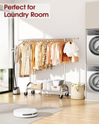 Heavy Duty Clothes Rack - Garment Rack with Extendable Side Rods & Bottom Shoe Shelf, 25mm Stainless Steel Frame with Wheels, 49.8–74.8'' x 62.6'' x 16.5'', Silver