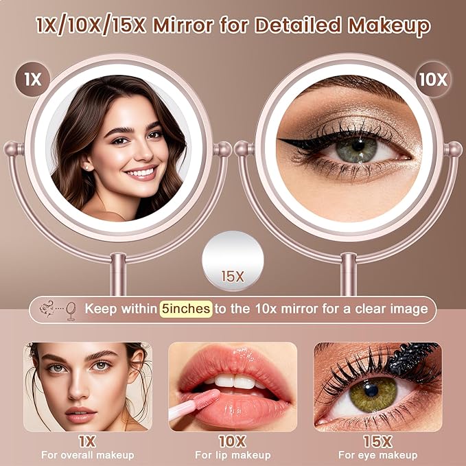 VESAUR Lighted Makeup Mirror Rose Gold Nickel, Double Sided 1X/10X HD Undistorted Magnifying Mirror, 8.5" Vanity Mirror with 3 Colors Dimmable 90 Bright LEDs, 360°Swivel Two Power Supply, Luxury Gifts