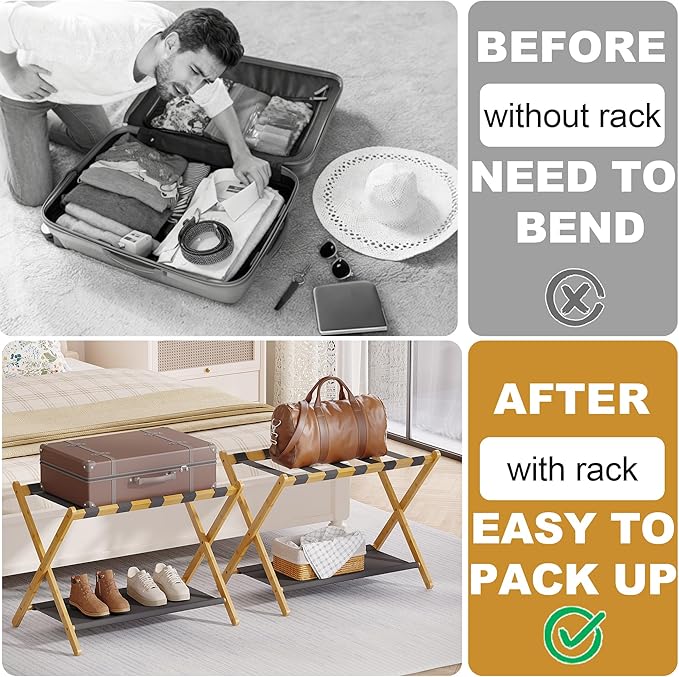 Bamboo Luggage Rack for Guest Room, 26.77" Folding Wide Suitcase Stand with Fabric Storage Shelf, Thickened Luggage Stand Holder for Bedroom Hotel, Luggage Rack for Suitcases (1 Pack - Natural)