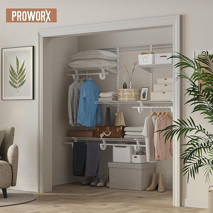 4-6 Ft Closet Organizer System, Adjustable Metal Wire White Closet System, Expandable Walk in Closet Organizers and Storage System, Closet Shelves with Hanging Rods