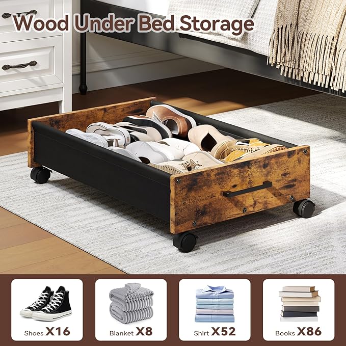 Under Bed Storage with Wheels, Wooden Under Bed Drawers On Wheels, Rolling Under Bed Shoe Storage, Space Saving, Rustic Brown,30L