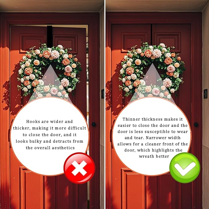 12" Wreath Hangers for Front Door,2 Pack Wreath Door Hanger,Non Scratch Over The Door Hooks Halloween Christmas Easter Decorations Welcome Sign for Front Door Décor, Slim Hangers