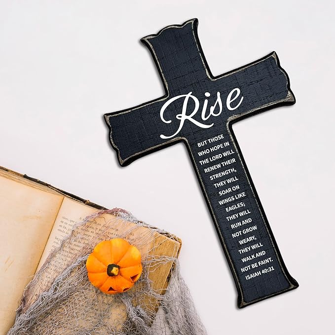 dsjaidh Cross Wall Decor - Black Scripture Wooden Cross For Wall - Gothic Wooden Hanging Signs Christian Easter Decor for Home Office Church Baptism - Christian Gifts for Men Women (Rise) - A06