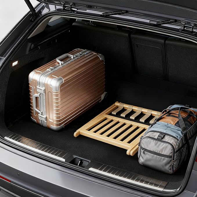 Full Assembled 26.77"L Luggage Rack for Guest Room, Set of 1 Foldable Suitcase Stand with 5 Nylon Straps, Luggage Holder with Shoe Shelf for Suitcases, Hotel (Natural Wood Bamboo Luggage Stands)