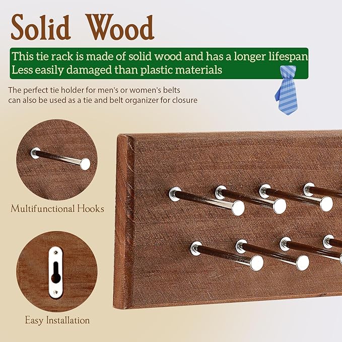 TreeHouse London Tie Rack Organizer – Holds 40 Large Ties – Solid Wood & Sturdy Metal Storage Holder for Closet – Wall Mounted Tie Display Hanger for Wall, Bedroom - (Walnut Tie Rack) 16" L X 4.25" H