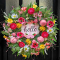 Spring Summer Wreaths for Front Door 24 Inch with Cherry Blossom,Pink Roses & Hello Sign,Summer Door Wreath for Entryway,Porch & Home Décor Indoor Outdoor