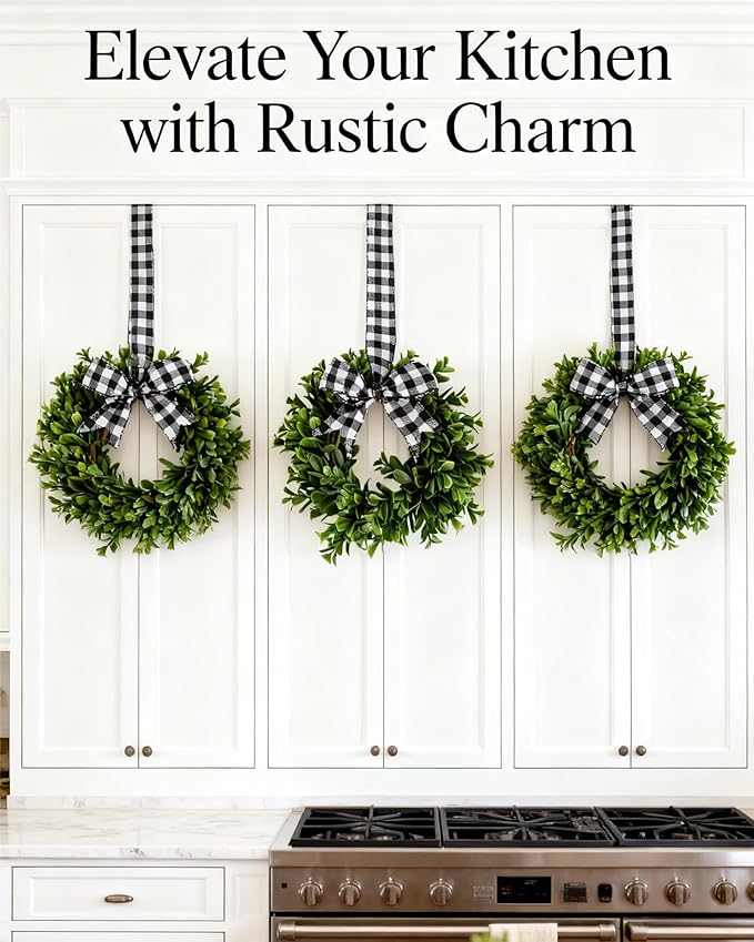 Mini Eucalyptus Wreaths for Kitchen Cabinets, Small Farmhouse Greenery Wreath Candle Rings with Buffalo Check Bow, Realistic Boxwood Leaf Wall Window Indoor Outdoor Decor, UV Protected