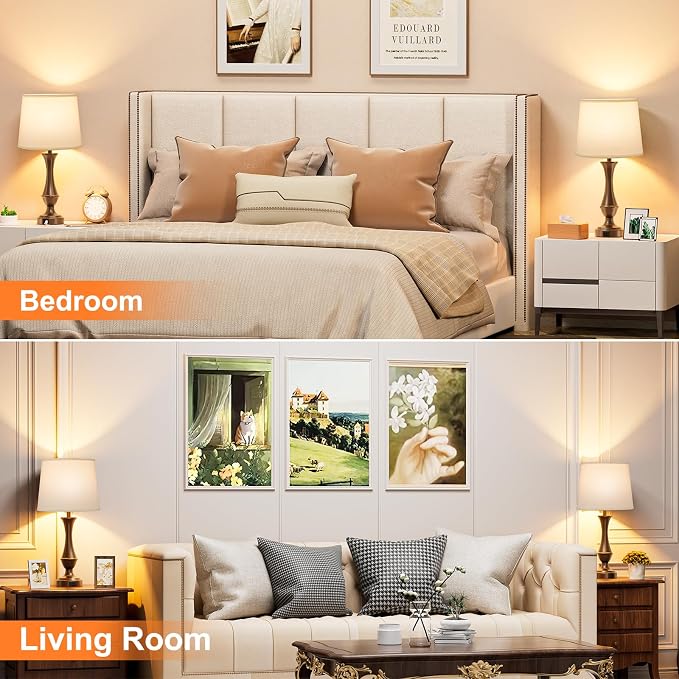 Seealle Upgraded Touch Lamps for Night Stands Set of 2 - Bedside Lamps with USB C+A, 3 Way Dimmable for Bedroom Living Room End Tables Office (White&Brown)