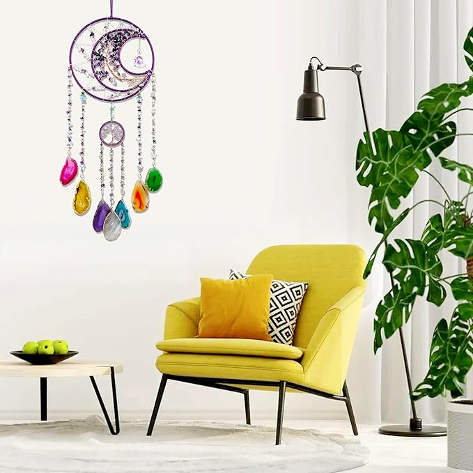 Large Dream Catchers, Crystal Tree of Life Dreamcatcher with Rainbow Healing Agate Slice Wind Chime Suncatcher for Windows Hangings Prism Decoration Gifts for Adult Girls Bedroom Garden Room Decor
