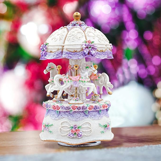 Carousel Music Box，Luxury Color Change LED Light Music Box,Luminous Rotating 3-Horse Musical Box with Gift Box for Girls Birthday Valentine Gift (You are My Sunshine, Purple)