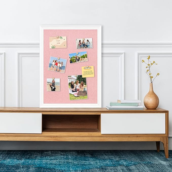 DOLLAR BOSS Bulletin Board with Linen 36'' x 24'' White Framed Cork Boards for Walls, Photo Display Pin Board, Decorative Corkboard for Office Home School Girls Dorm Decor with 10 Pushpins, Pink