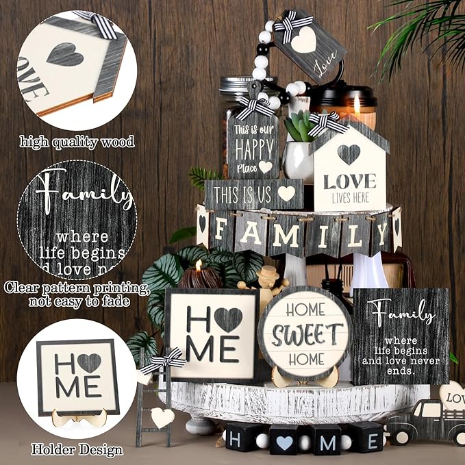 Mifoci 18 Pcs Farmhouse Tiered Tray Decor Home Wooden Signs Rustic Home Tiered Tray Decorations Sweet Vintage House Tabletop Table Centerpiece Black White Block for Kitchen Table Housewarming