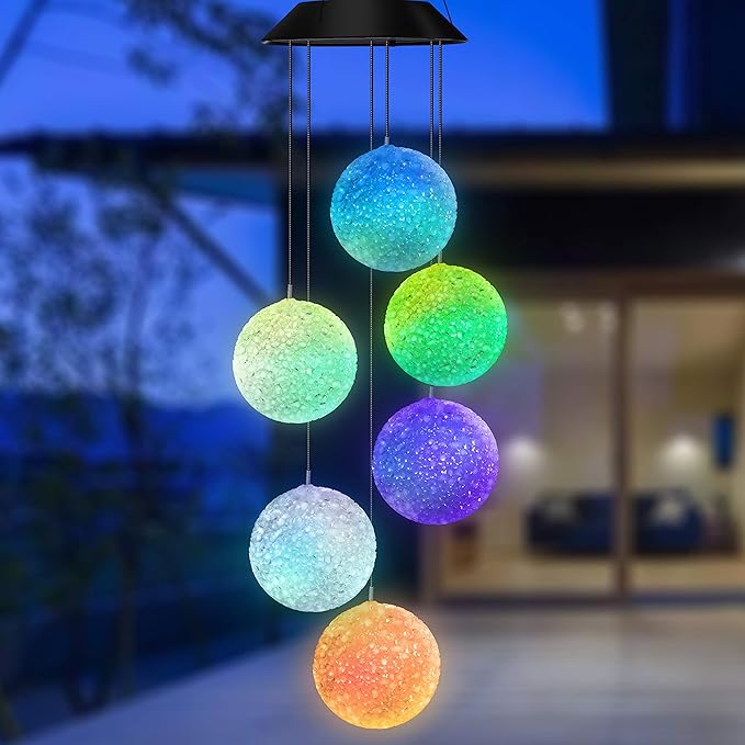 Color Changing Solar Power Wind Chime Spiral Spinner Crystal Ball Wind Mobile Portable Waterproof Outdoor Decorative Romantic Wind Bell Light for Patio Yard Garden Home (Crystal Ball)