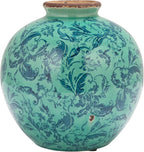 Creative Co-Op Round Decorative Terra-Cotta Vase with Transferware Pattern, Aqua