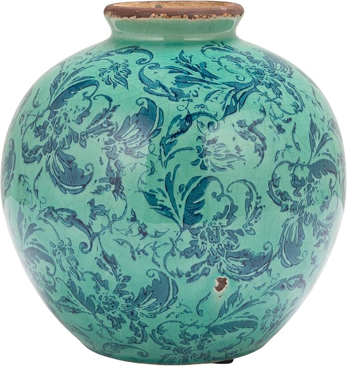 Creative Co-Op Round Decorative Terra-Cotta Vase with Transferware Pattern, Aqua
