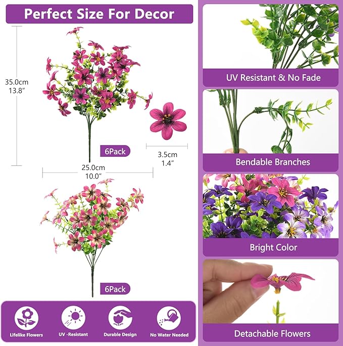 Artificial Fake Flowers for Outdoors 12 Bundles Faux Silk Flower Spring Decoration Artificial Fake Plants Outdoor Plastic Flowers UV Resistant No Fade for Home Planter Porch Patio Yard Decor