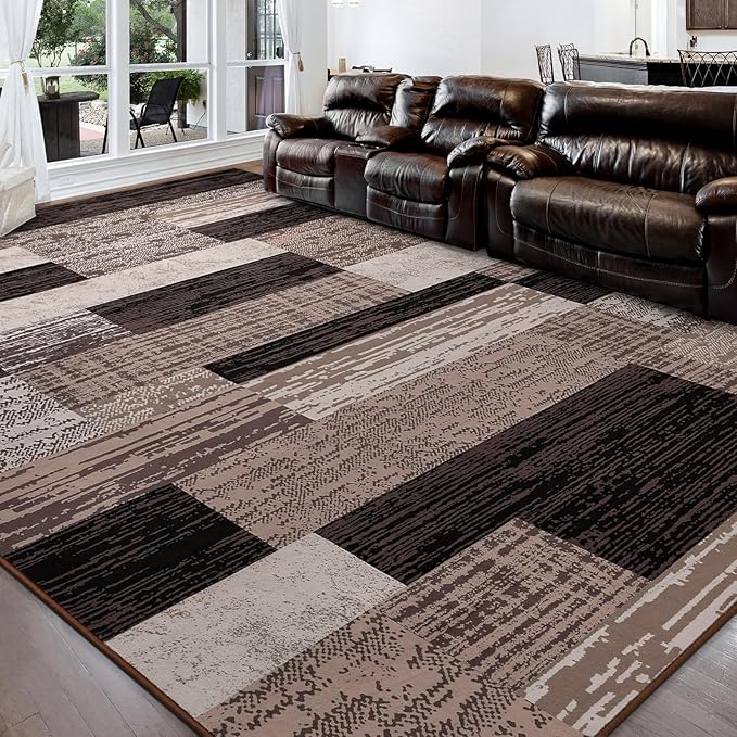 FlyDOIT Modern Geometric Patchwork Area Rug, 6x9 Chocolate Large Rugs for Living Room, Rockwood Collection Indoor Rugs for Bedroom, Throw Carpet Floor Decor for Entryway Dining Room Office Nursery