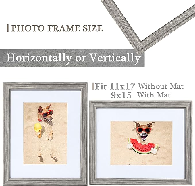 11x17 Picture Frames Grey Woodgrain,11X17 Display Picture 9x15 Pictures with Mat or 11x17 without Mat, 11 by 17 Collage Frames for Wall or Tabletop, Perfect for Home Décor and Gifts
