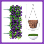 Artificial Faux Hanging Flowers Basket for Spring Summer Outdoor Porch Decor, Fake Silk Colorful Morning Glory Eucalyptus in Planter UV Resistant Look Real for Home Balcony Yard(Dark Purple)