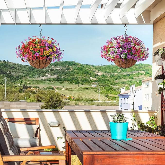 Artificial Fake Hanging Flowers Plants Basket for Outdoor Spring Decoration, Faux Silk Daisy Outside Indoor UV Resistant Look Real Yard Patio Front Porch Garden Balcony Home Decor(Mix3)