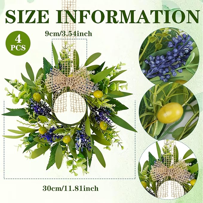 4 PCS Green Eucalyptus Olive Swag Wreaths for Pillars Spring Summer Greenery Kitchen Cabinet Wreaths Mini Green Boxwood Leaves Wreath with Ribbon for Front Door Porch Wall Window Farmhouse Decoration