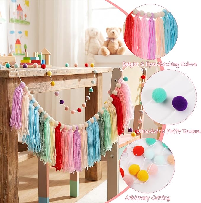 Avxdbr 2Pcs Boho Rainbow Tassel Garland Pom Pom Tassel Banner Colorful Wall Hanging Party Decorative Boho Classroom Decor for Back to School Wedding Birthday Baby Shower