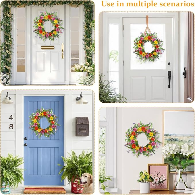 22 Inch Artificial Spring Summer Wreaths for Front Door Daisy Flower Wreath with Wildflowers,Eucalyptus Leaves,Ferns for Indoor Outdoor Wall Porch Festival Farmhouse Home Holiday Decor.