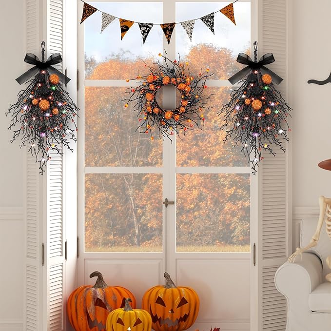 2 PCS Halloween Wreaths Halloween Floral Teardrop Swags Hanging Swag Plants Black Garland with Pumpkin Berries and 9.8ft Lights for Indoor Outdoor Party Wall Home Room Fireplace Porch Window Decor
