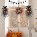 2 PCS Halloween Wreaths Halloween Floral Teardrop Swags Hanging Swag Plants Black Garland with Pumpkin Berries and 9.8ft Lights for Indoor Outdoor Party Wall Home Room Fireplace Porch Window Decor