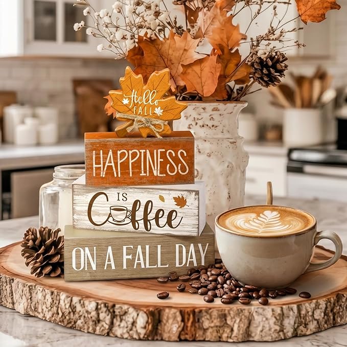 Lineshading 4 Pcs Fall Decoration for Home Wooden Maple Leaf Thanksgiving Table Centerpiece Thanksgiving Tiered Tray Decor Rustic Decorative Maple Leaf Block Signs Farmhouse Autumn Decor for Kitchen