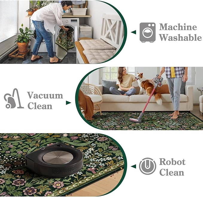 Moynesa Floral Washable 5x7 Rug, Green Area Rugs for Living Room, Non Slip Boho Dining Room Rug Under Table, Botanical Ultra Thin Floor Carpet for Bedroom Home Office, Green