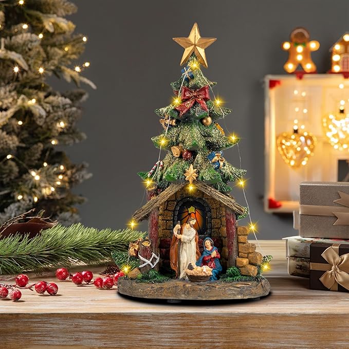 VISFLAIR 12'' Christmas Tree Lighted Manger Nativity Scene, Musical Holy Family Figurines LED Light Play Silent Night Music, Battery & USB Home Decor Gifts Festive Holiday Decorations