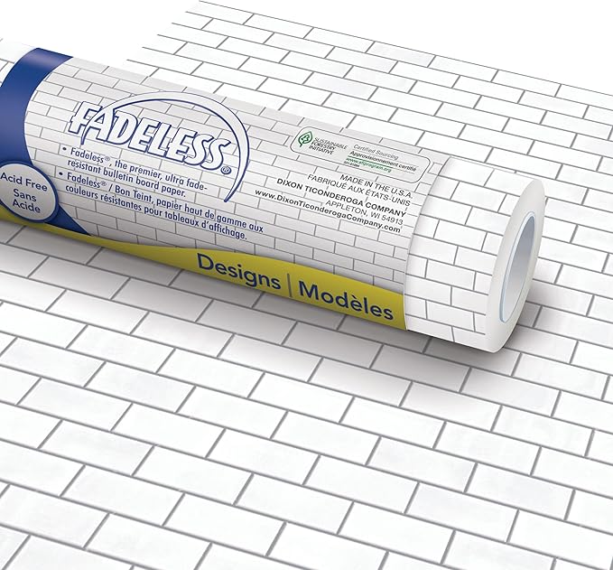 Fadeless Bulletin Board Paper, Fade-Resistant Paper for Classroom Decor, 48” x 12’, White Subway Tile, 1 Roll