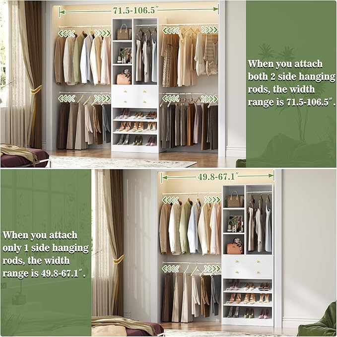 Closet System, 4.2–8.8 FT Closet Organizer with 2 Wooden Drawers and Shelves, Walk-in Closet System with Hanging Rods, Built-in Closet Tower, Can Fit 60 to 96 inch, White