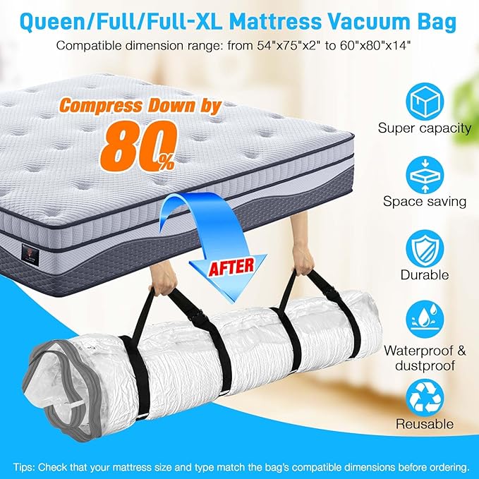Mattress Vacuum Bag Queen/Full/Full-XL Space Saver Mattress Vacuum Seal Bag with Straps for Moving Double Zip Seal Reusable Mattress Compression Vacuum Storage Bags