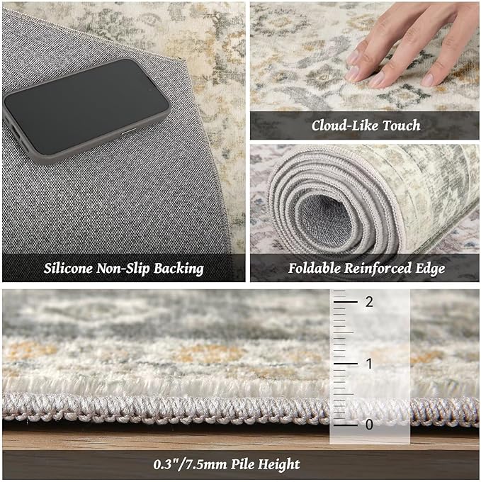 Washable 10x14 Area Rugs for Living Room, Boho Non-Slip Vintage Distress Large Rugs for Bedroom Dining Room Office, 0.3" Neutral Oriental Throw Thin Carpet, Grey/Beige/Orange/Multi