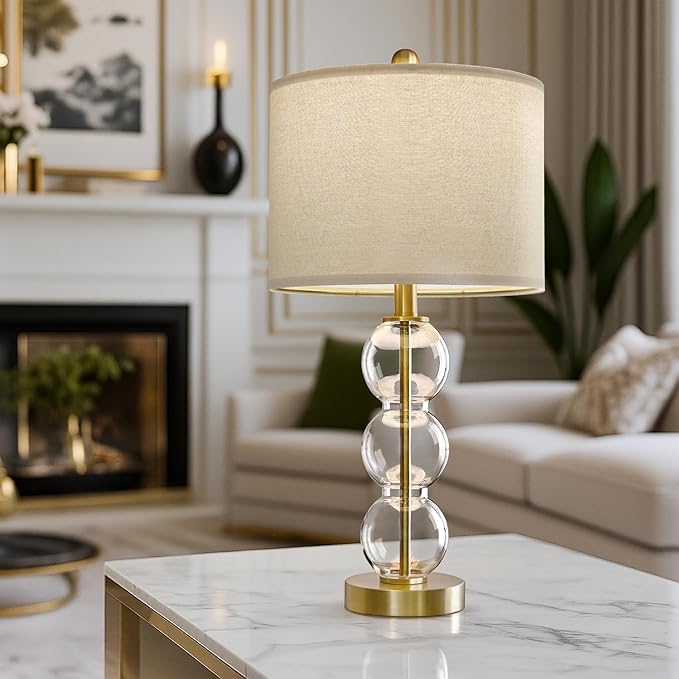 Oneach 25" Glass Table Lamps Set of 2, Gold Modern Table Lamps with USB Ports for Living Room, Linen Shade Bedside Lamps for Bedroom, Nightstand, Side Table (Bulbs not Included)