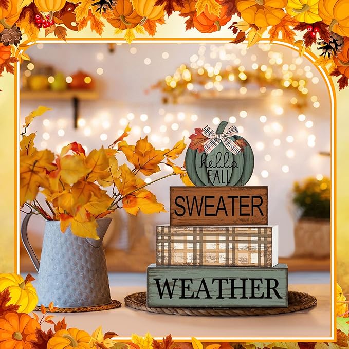 Moucuny 4 Pcs Thanksgiving Pumpkin Decor Fall Decorations for Home Thanksgiving Table Centerpiece Pumpkin Tiered Tray Decor Rustic Decorative Block Signs Farmhouse for Harvest Party Table Kitchen Home