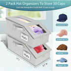 Stackable Hat Storage for Baseball Caps, 2 PCS Hat Storage Boxes for Closet, Holds up to 30 Caps with Cardboard, Hat Organizer for Women & Men(Two Clear Window) (Grey)