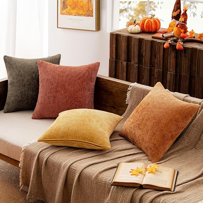 MIULEE Pack of 4 Orange/Yellow Couch Throw Pillow Covers 18x18 Inch Halloween Soft Decorative Chenille Pillows Farmhouse Accent Cushions for Boho Home Decor Spring Sofa Bedroom Living Room