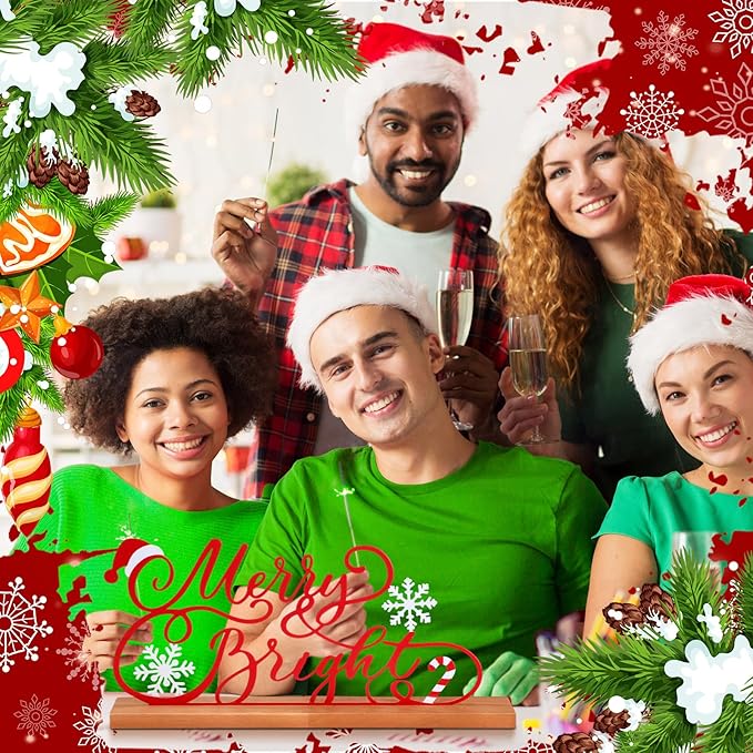 Teenyyou Christmas Table Decoration Merry Bright Christmas Metal Word Sign Merry Bright Table Centerpiece Xmas Party Decor Gift with Wooden Base for Holiday Tabletop Desk Decoration